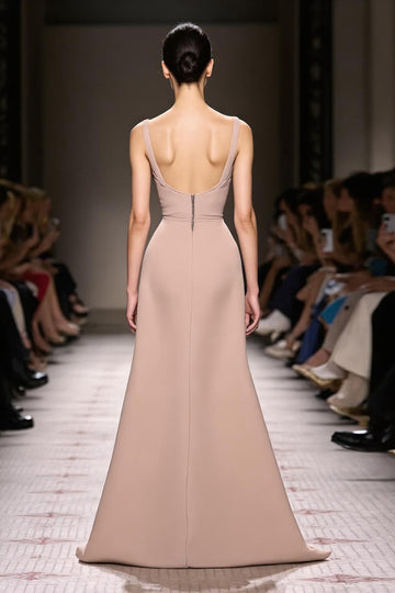 Champagne Spaghetti Straps A Line Evening Dress with Open Back